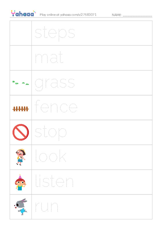 Picture and word rows worksheet for Run