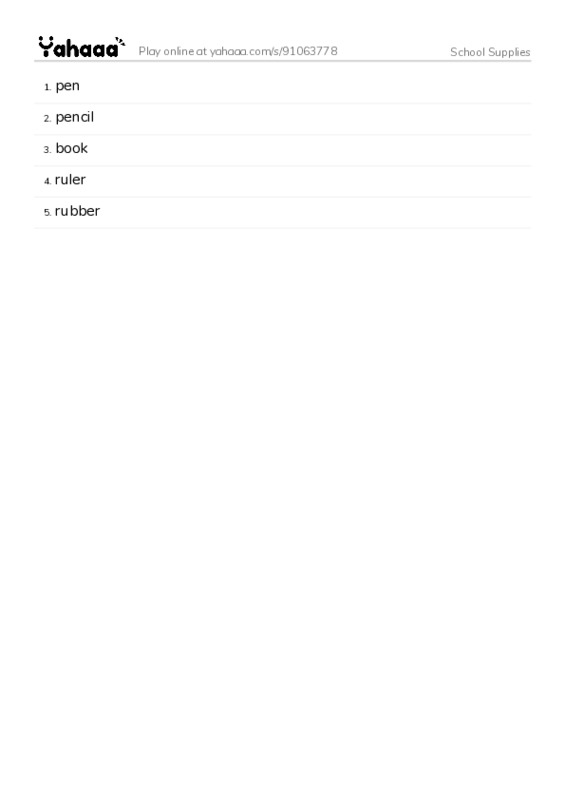 Word list with meanings worksheet for School Supplies