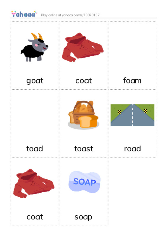 Picture flashcards worksheet for goat, coat, foam and 5 more