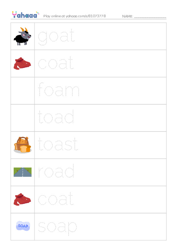 Picture and word rows worksheet for goat, coat, foam and 5 more