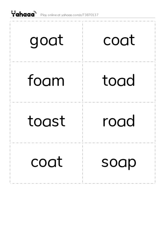 Word flashcards worksheet for goat, coat, foam and 5 more