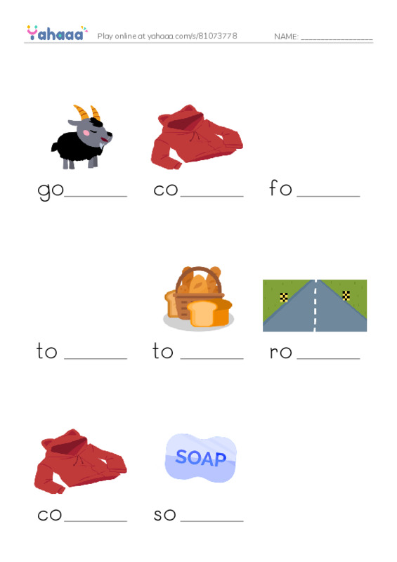 Finish the word worksheet for goat, coat, foam and 5 more