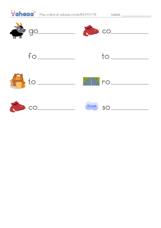 Write the word rows worksheet for goat, coat, foam and 5 more