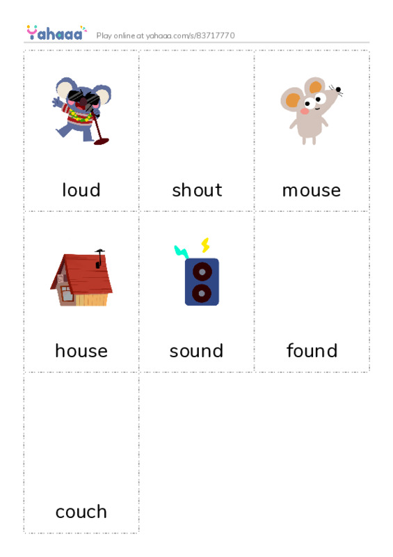 Picture flashcards worksheet for loud, shout, mouse and 4 more