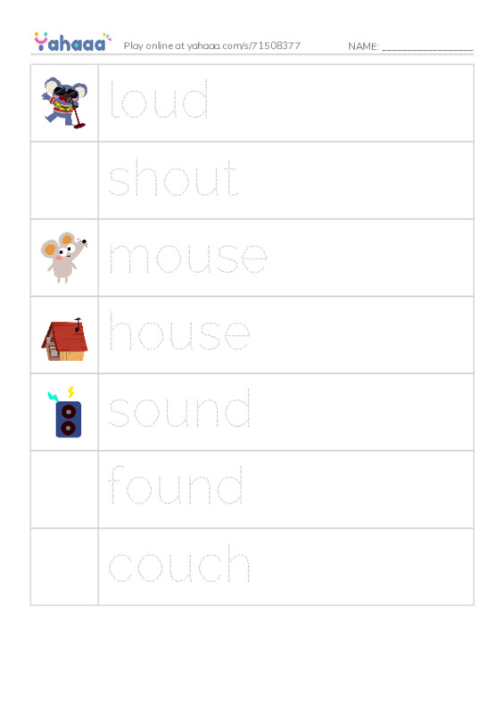 Picture and word rows worksheet for loud, shout, mouse and 4 more