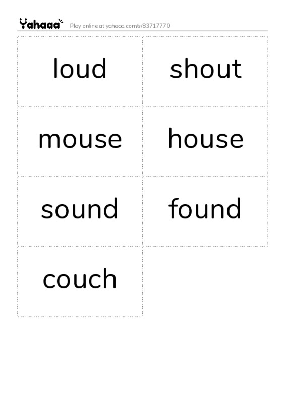 Word flashcards worksheet for loud, shout, mouse and 4 more