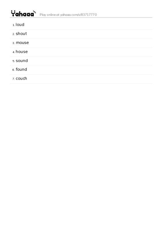 Word list with meanings worksheet for loud, shout, mouse and 4 more