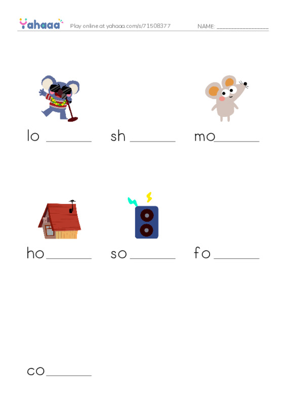 Finish the word worksheet for loud, shout, mouse and 4 more