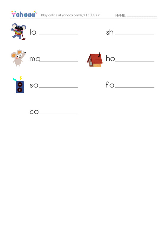 Write the word rows worksheet for loud, shout, mouse and 4 more