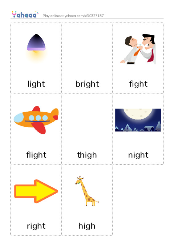 Picture flashcards worksheet for light, bright, fight and 5 more