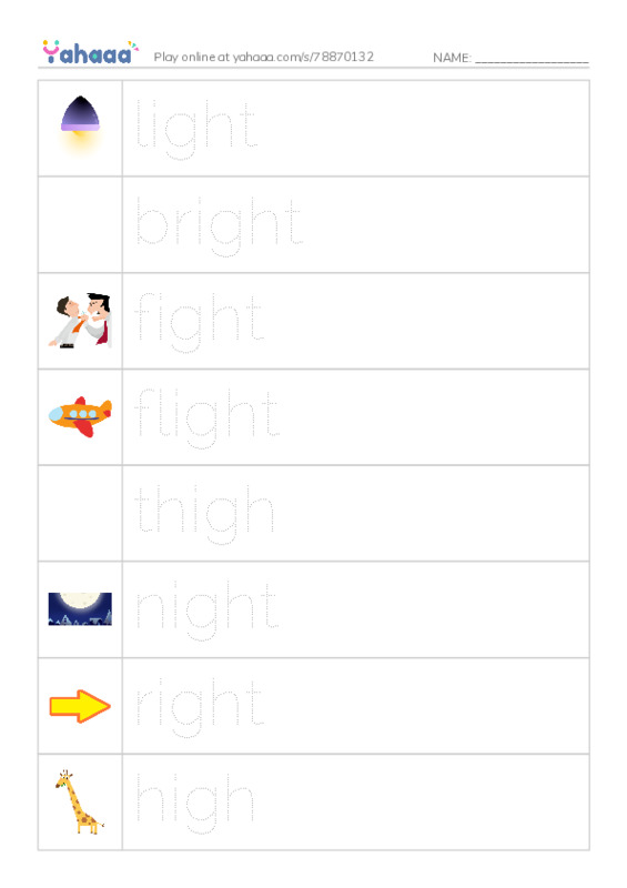 Picture and word rows worksheet for light, bright, fight and 5 more