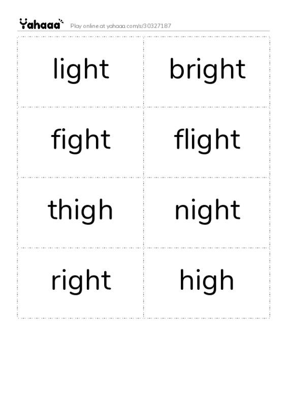 Word flashcards worksheet for light, bright, fight and 5 more