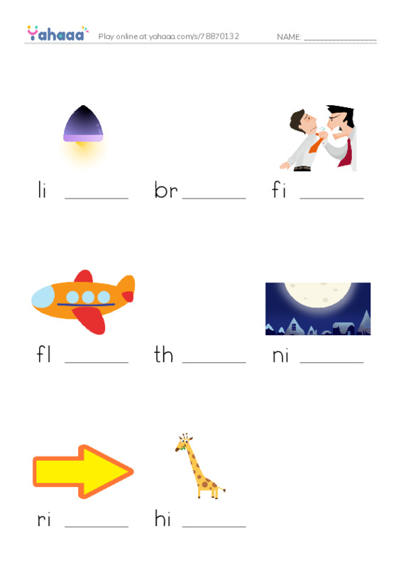 Finish the word worksheet for light, bright, fight and 5 more