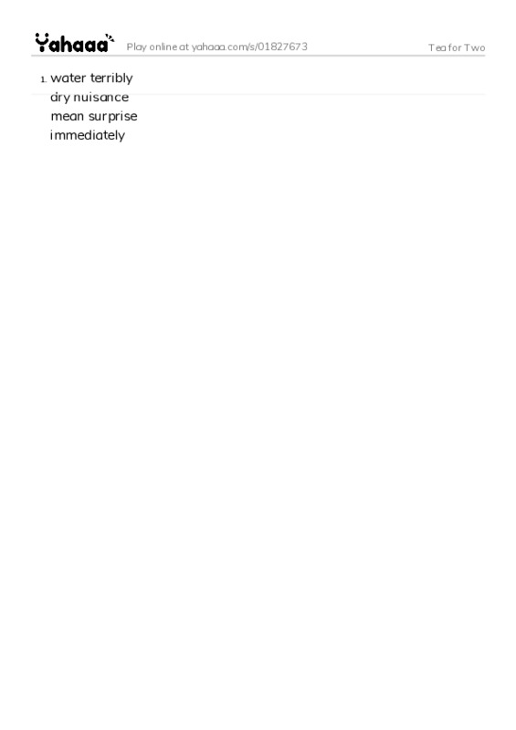 Word list with meanings worksheet for Tea for Two