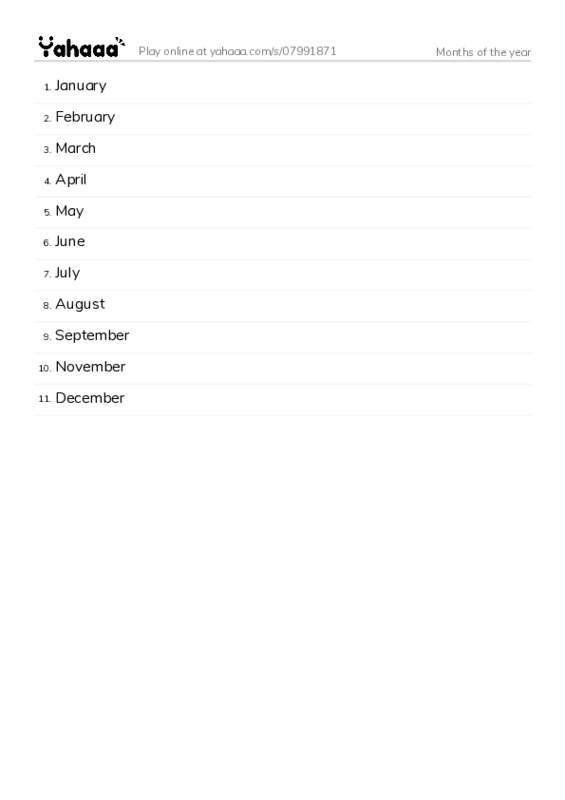 Word list with meanings worksheet for Months of the year