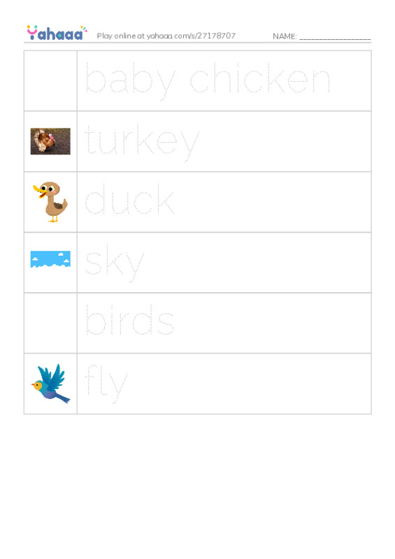 Picture and word rows worksheet for Chicken Licken