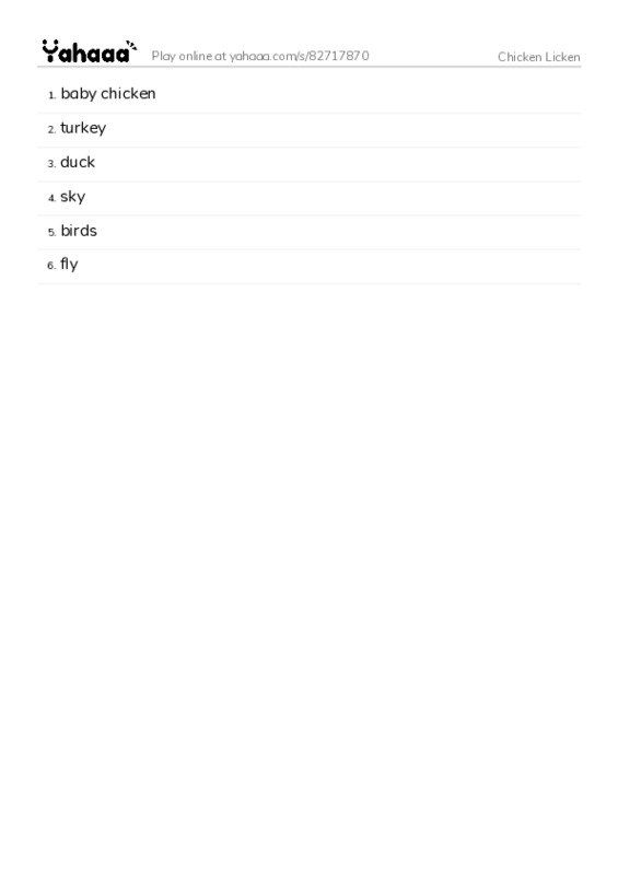 Word list with meanings worksheet for Chicken Licken