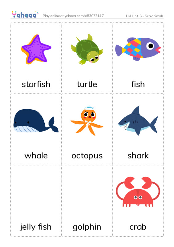 Picture flashcards worksheet for 1 kl Unit 6 - Sea animals
