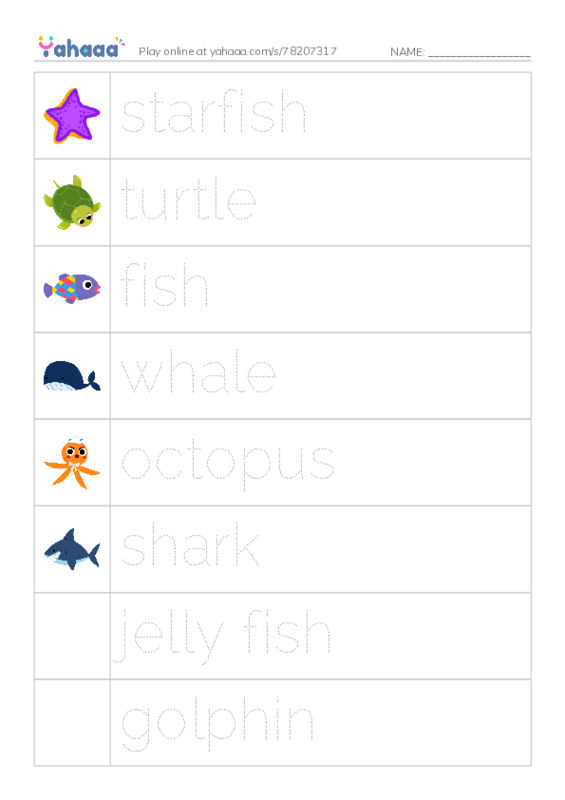 Picture and word rows worksheet for 1 kl Unit 6 - Sea animals
