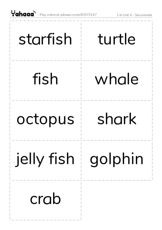 Word flashcards worksheet for 1 kl Unit 6 - Sea animals
