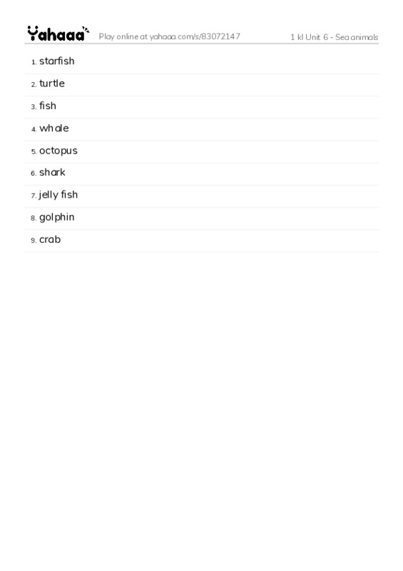 Word list with meanings worksheet for 1 kl Unit 6 - Sea animals