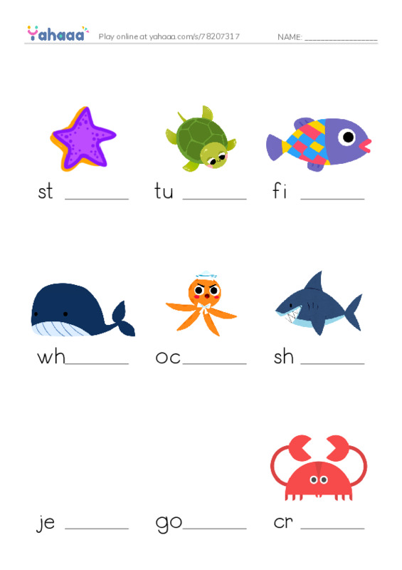 Finish the word worksheet for 1 kl Unit 6 - Sea animals