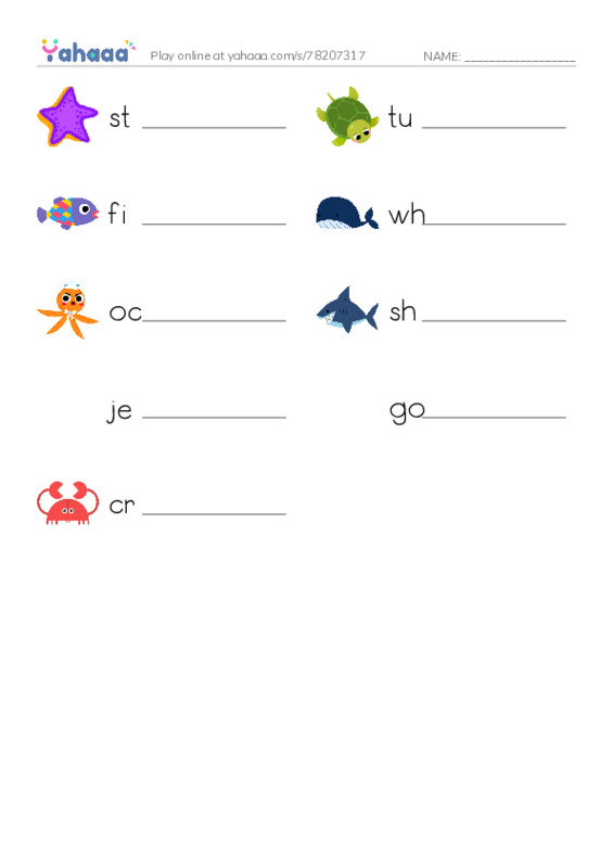 Write the word rows worksheet for 1 kl Unit 6 - Sea animals