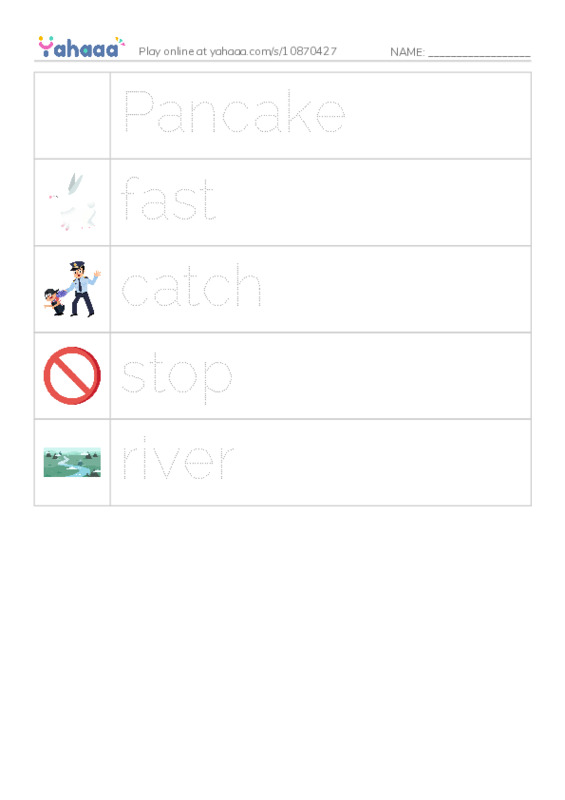 Picture and word rows worksheet for The Big Pancake