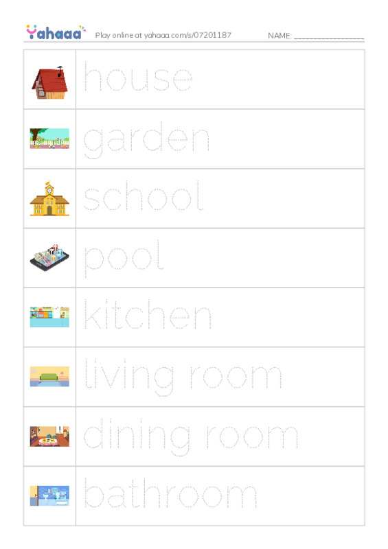 Picture and word rows worksheet for my house