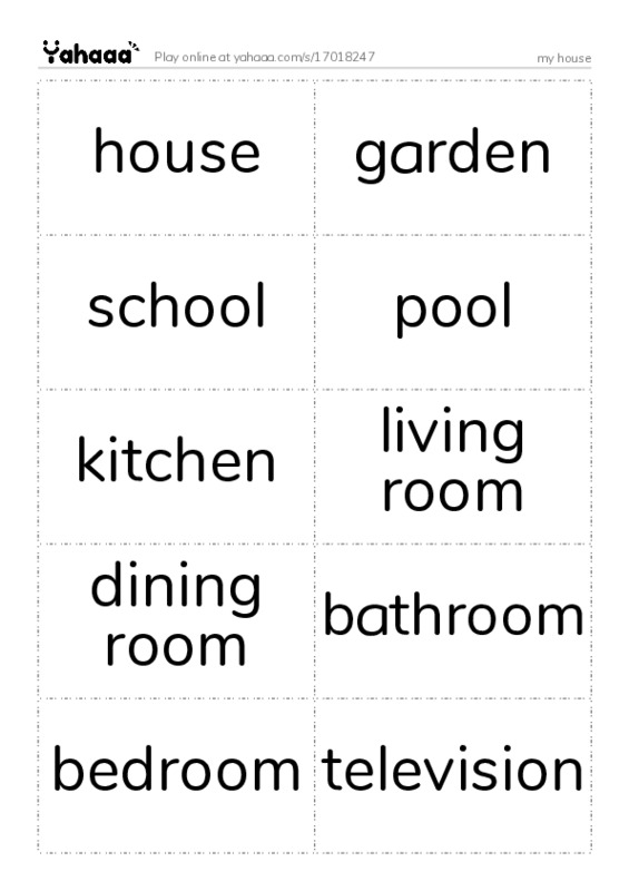 Word flashcards worksheet for my house
