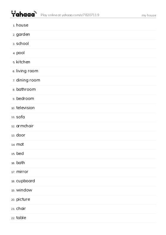 Word list with meanings worksheet for my house
