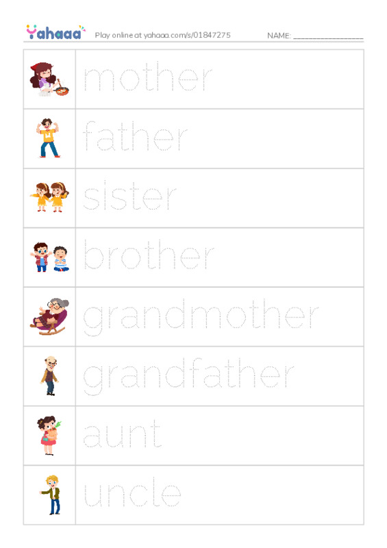 Picture and word rows worksheet for Family