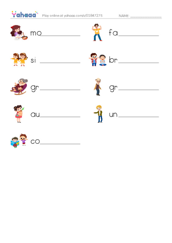 Write the word rows worksheet for Family