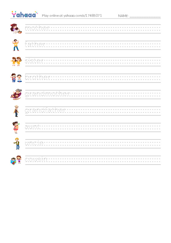 Handwriting lines worksheet for Family