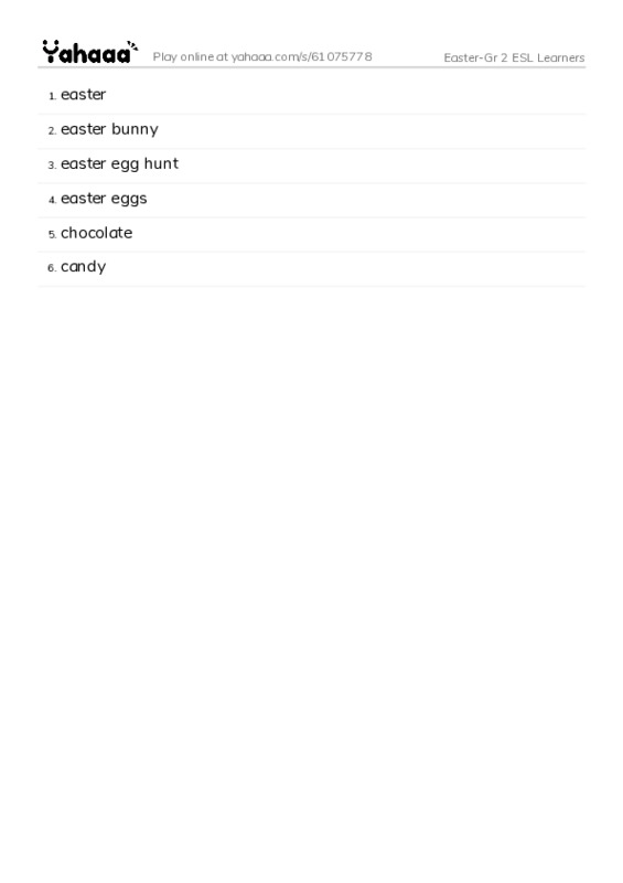 Word list with meanings worksheet for Easter-Gr 2 ESL Learners