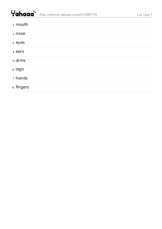 Word list with meanings worksheet for 1 kl. Unit 7