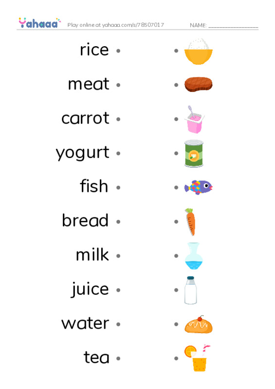 Draw a line to match worksheet for Unit 12: Dinnertime