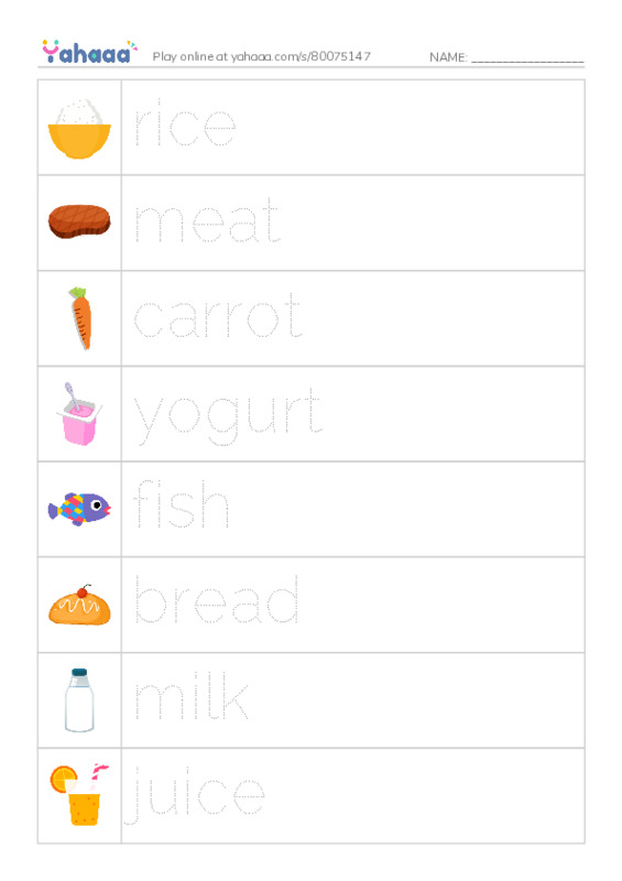 Picture and word rows worksheet for Unit 12: Dinnertime
