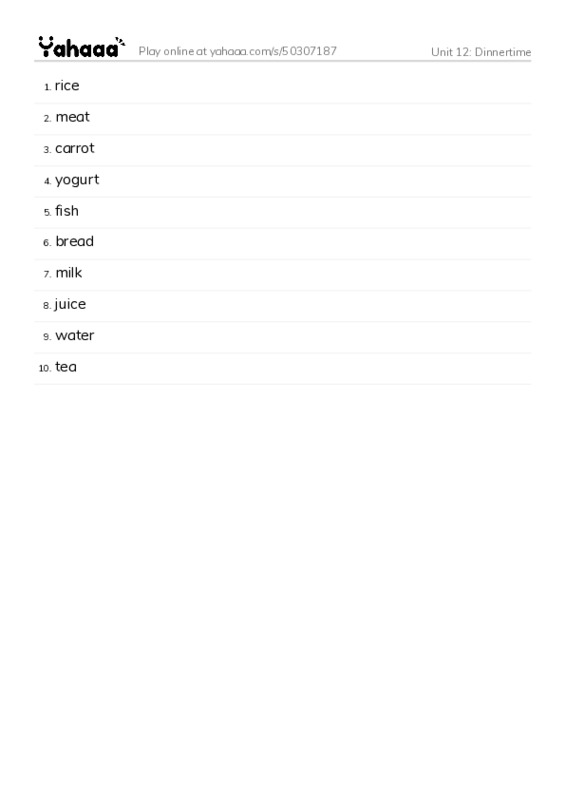 Word list with meanings worksheet for Unit 12: Dinnertime