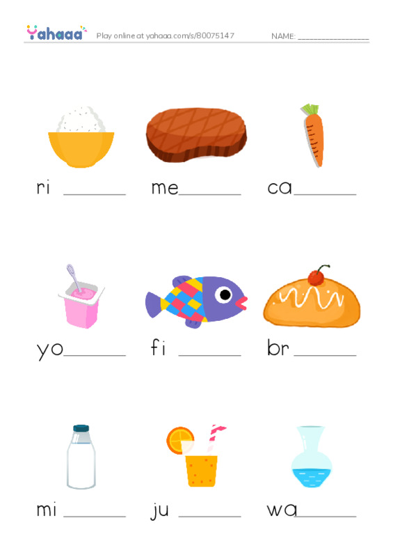 Finish the word worksheet for Unit 12: Dinnertime