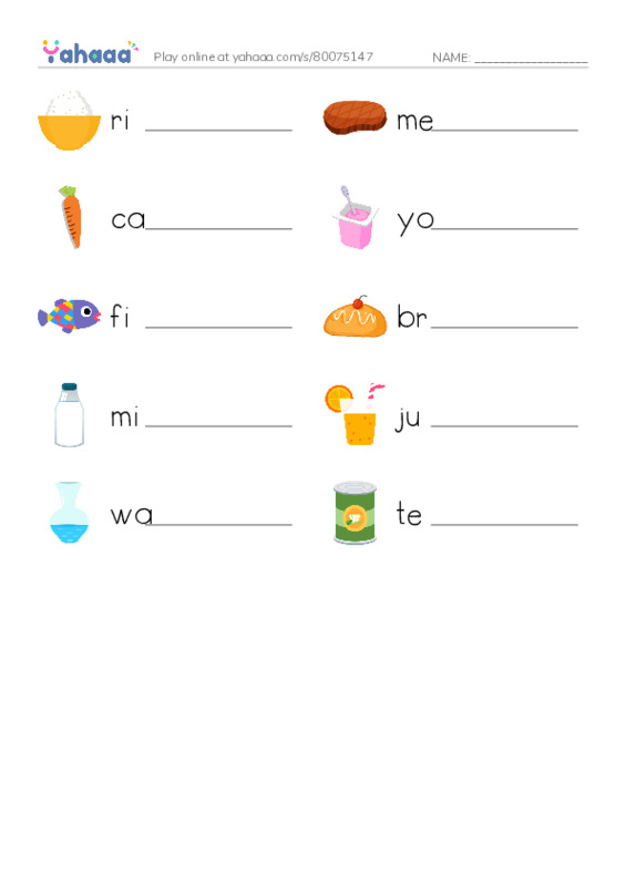 Write the word rows worksheet for Unit 12: Dinnertime