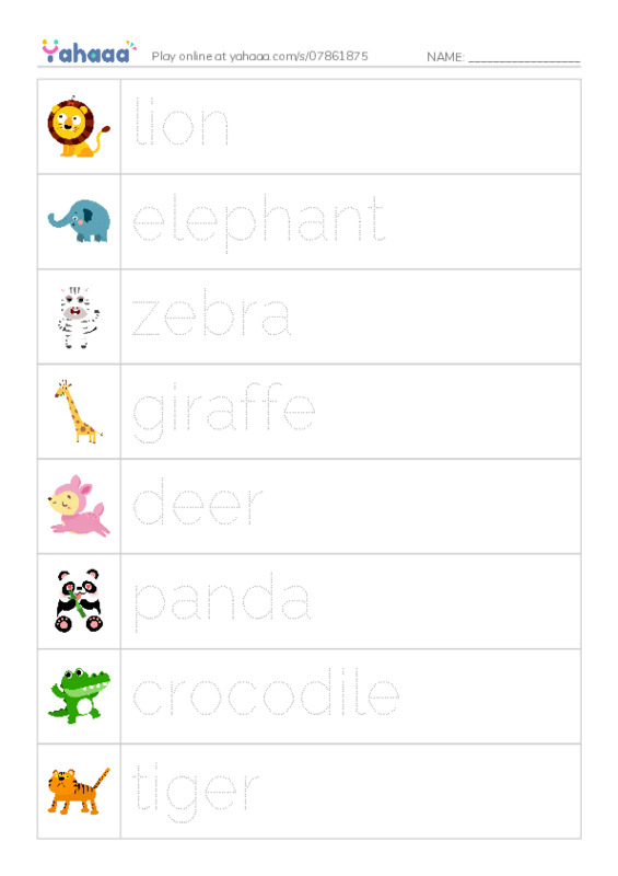 Picture and word rows worksheet for zoo game