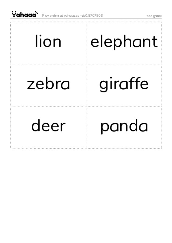 Word flashcards worksheet for zoo game