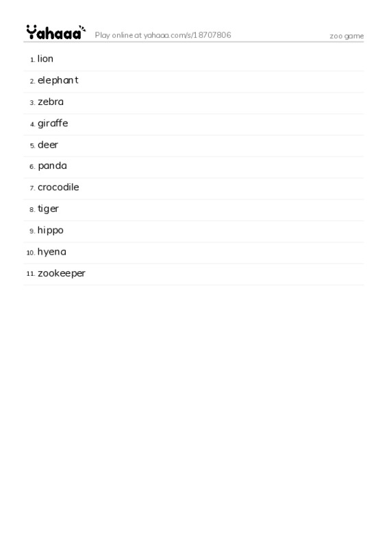 Word list with meanings worksheet for zoo game