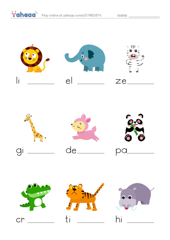 Finish the word worksheet for zoo game