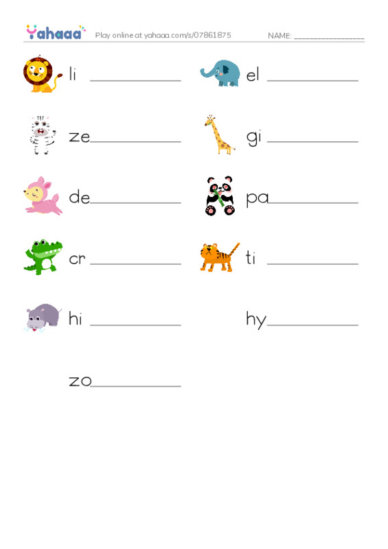 Write the word rows worksheet for zoo game