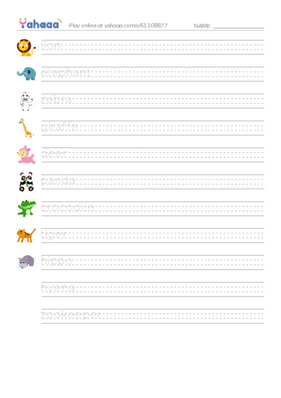 Handwriting lines worksheet for zoo game