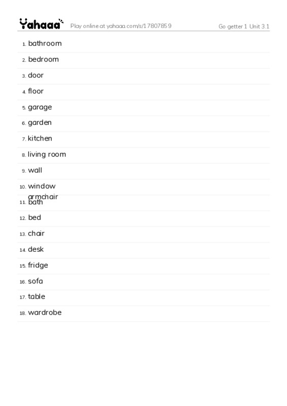 Word list with meanings worksheet for Go getter 1 Unit 3.1