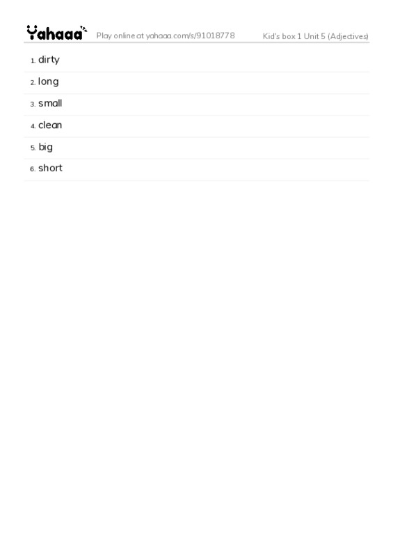 Word list with meanings worksheet for Kid's box 1 Unit 5 (Adjectives)