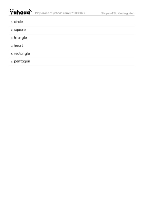 Word list with meanings worksheet for Shapes-ESL Kindergarten